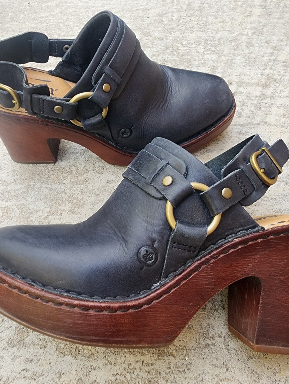 Born Black Leather Clog Mules with Wooden Heel